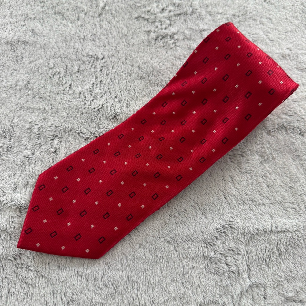 Tieline Red Geometric Rectangle Pattern Neck Tie Classic Handmade Tie EUC